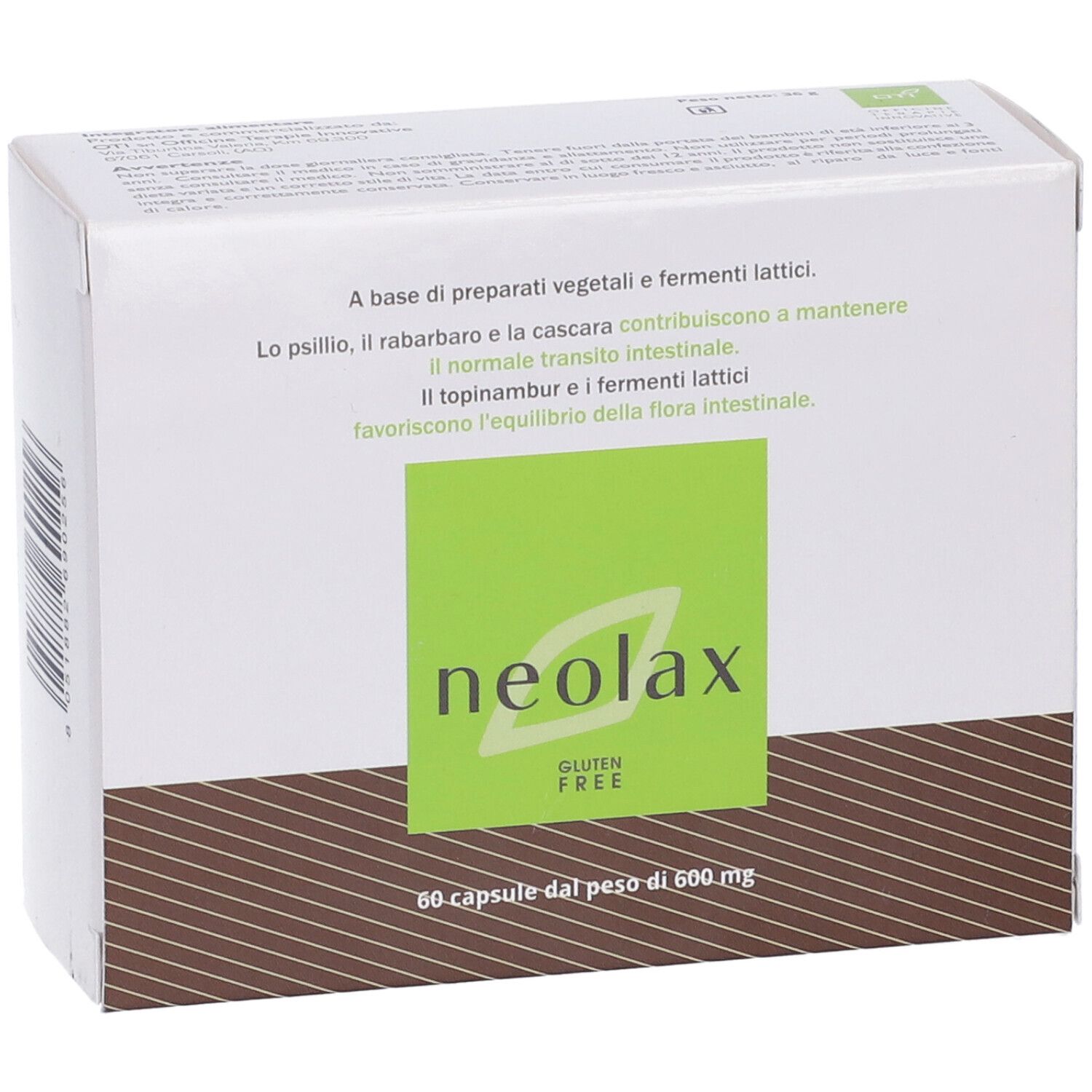 Scatola Neolax 60 capsule. Design verde-bianco, nome prodotto, senza glutine.