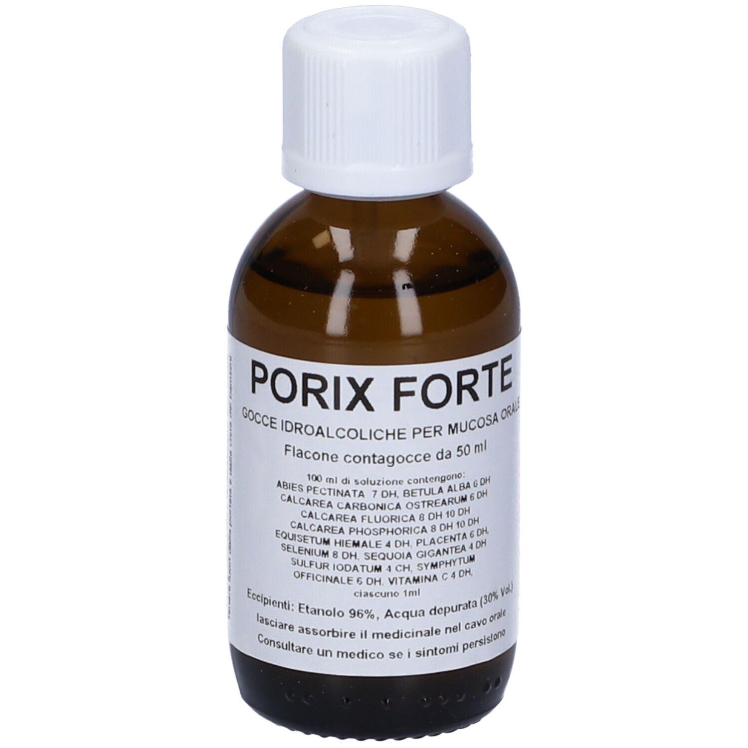 Flacone di vetro marrone con tappo bianco. Scritta: Porix Forte. Etichetta con ingredienti e altre informazioni.