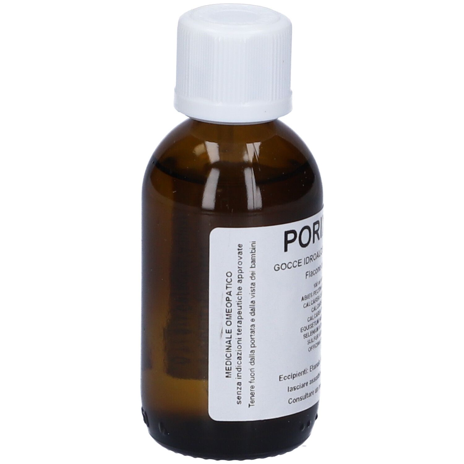 Flacone di vetro marrone con tappo bianco. Etichetta con testo. Sopra: Omeopatia medica. Sotto: Tenere fuori dalla portata dei bambini.