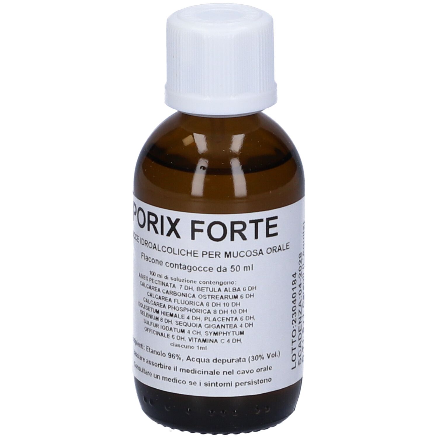 Flacone di vetro marrone con tappo bianco. Etichetta con nome del prodotto e ingredienti.