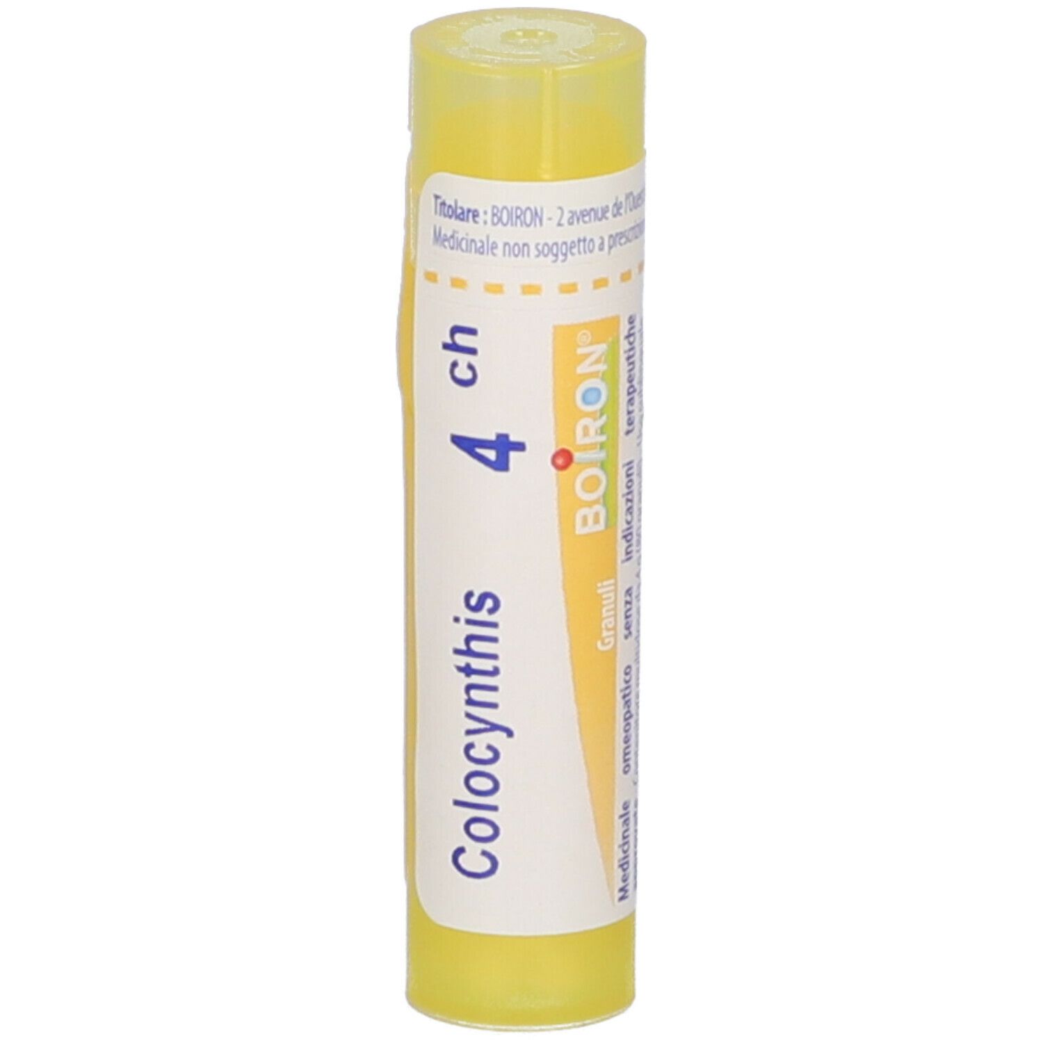 Tubo giallo con scritta Colocynthis 4 ch e BOIRON. Vista verticale.
