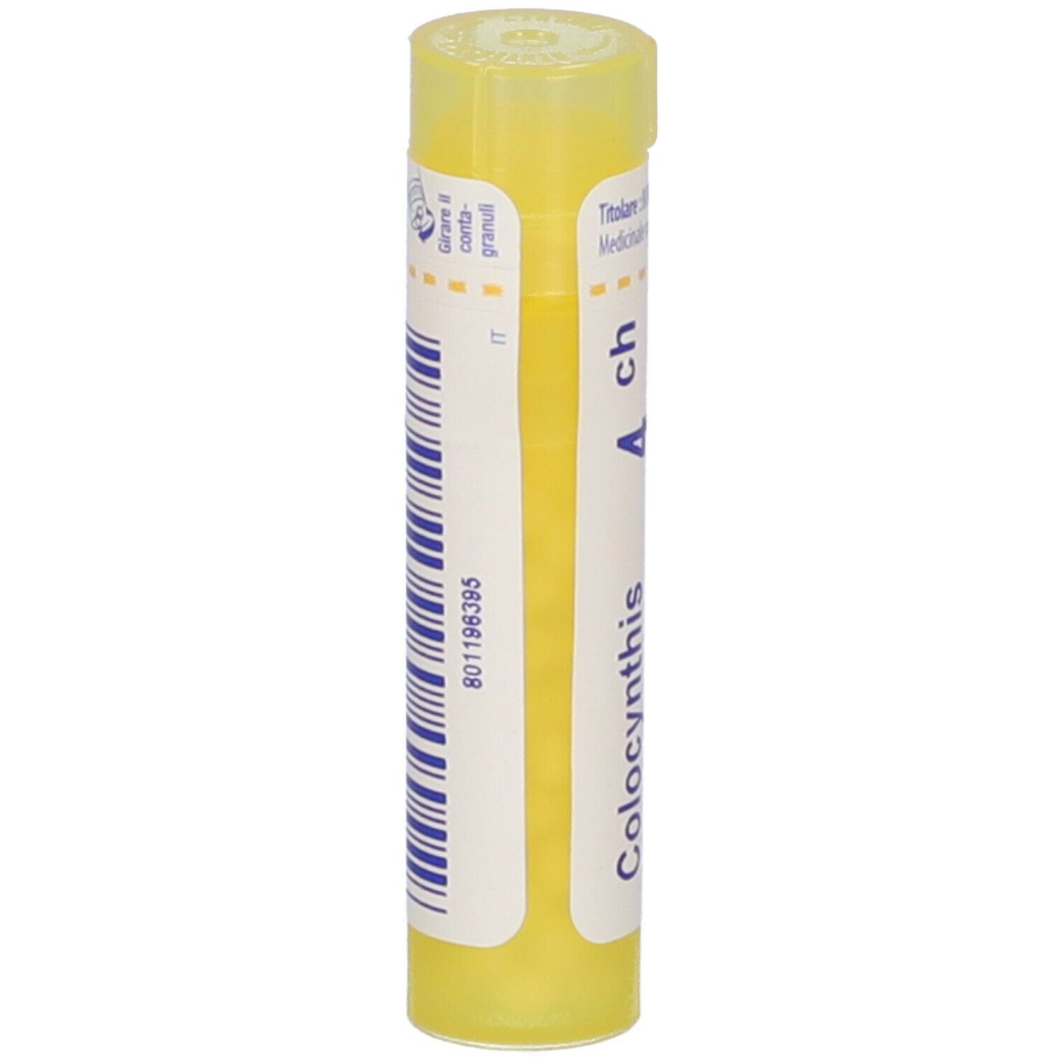 Tubo giallo con codice a barre e scritta Colocynthis 4 ch. Informazioni produttore.