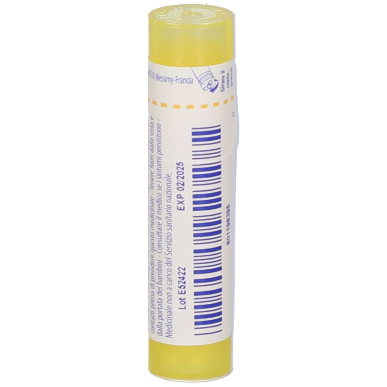 Tubo giallo con stampa EXP 02/2025 e Lot E52422. Ulteriori informazioni.