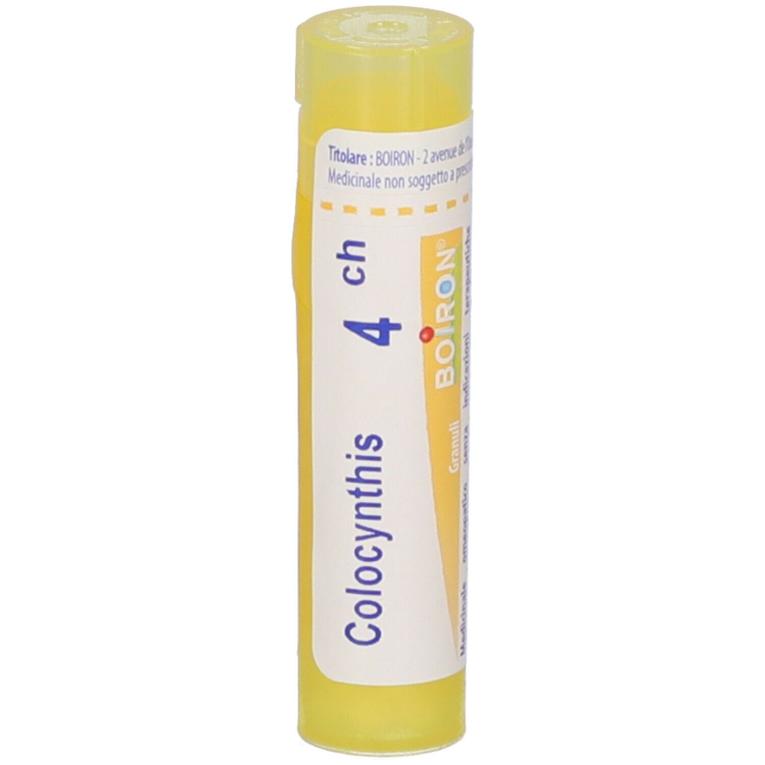 Tubo giallo con scritta Colocynthis 4 ch e BOIRON. Vista verticale.