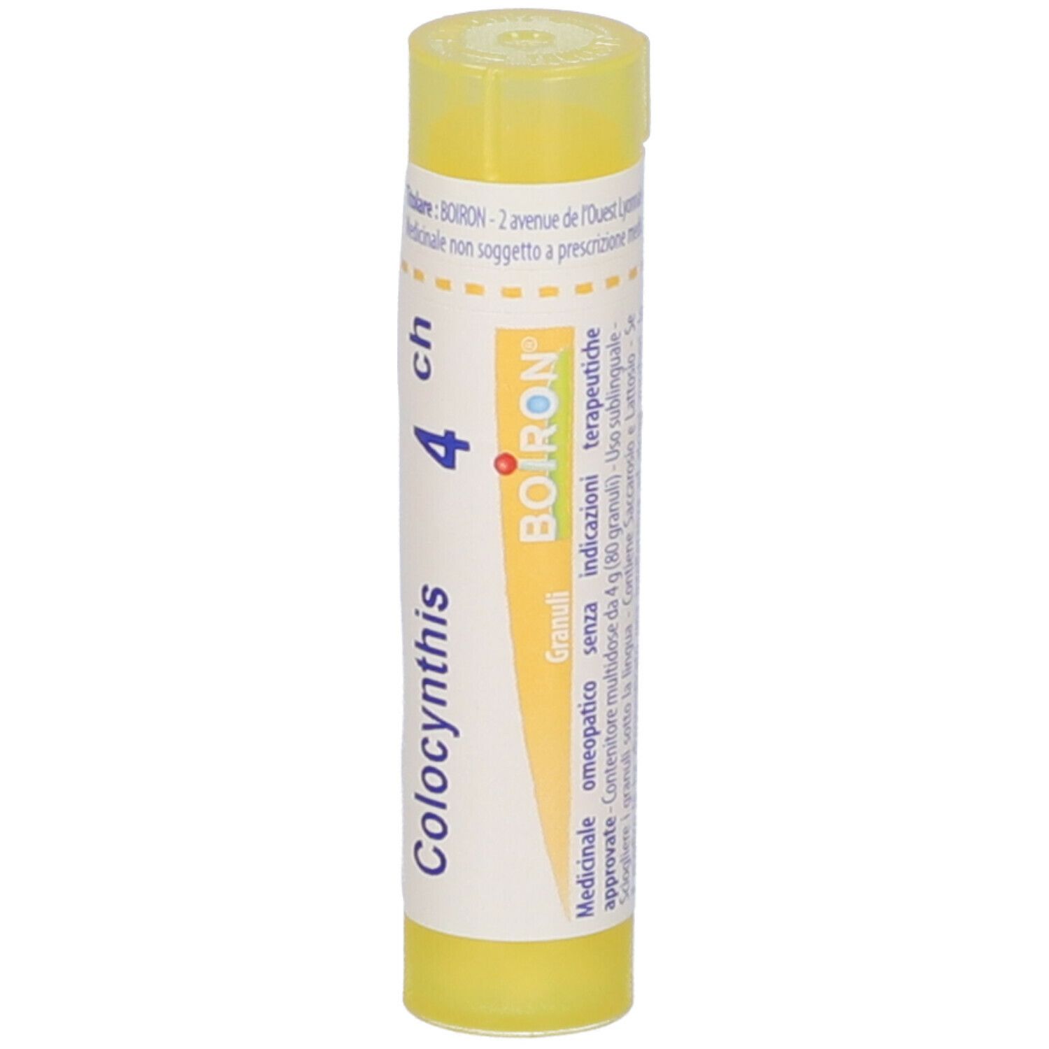 Tubo giallo con scritta Colocynthis 4 ch e BOIRON. Vista dettagliata.