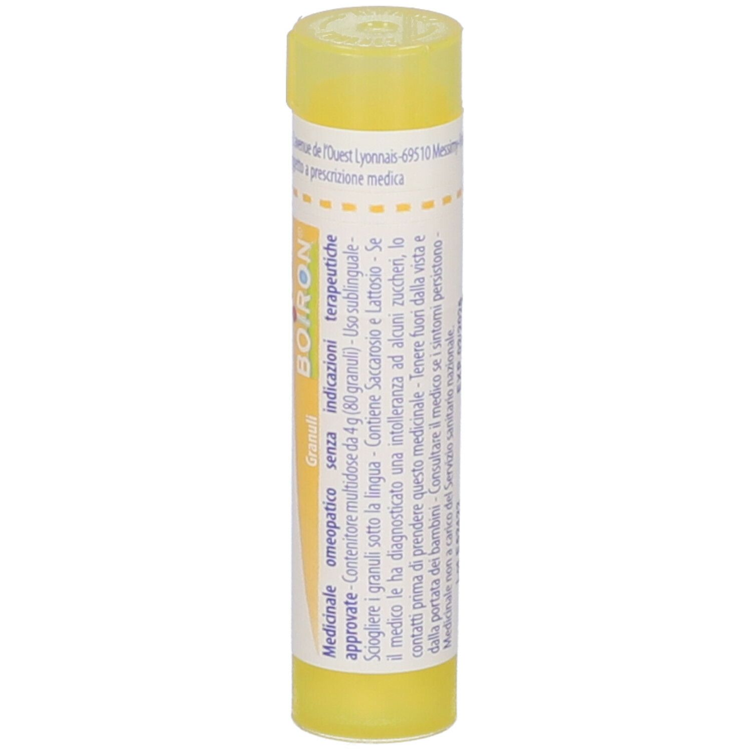 Tubo giallo con scritta Colocynthis 4 ch e BOIRON. Informazioni aggiuntive.