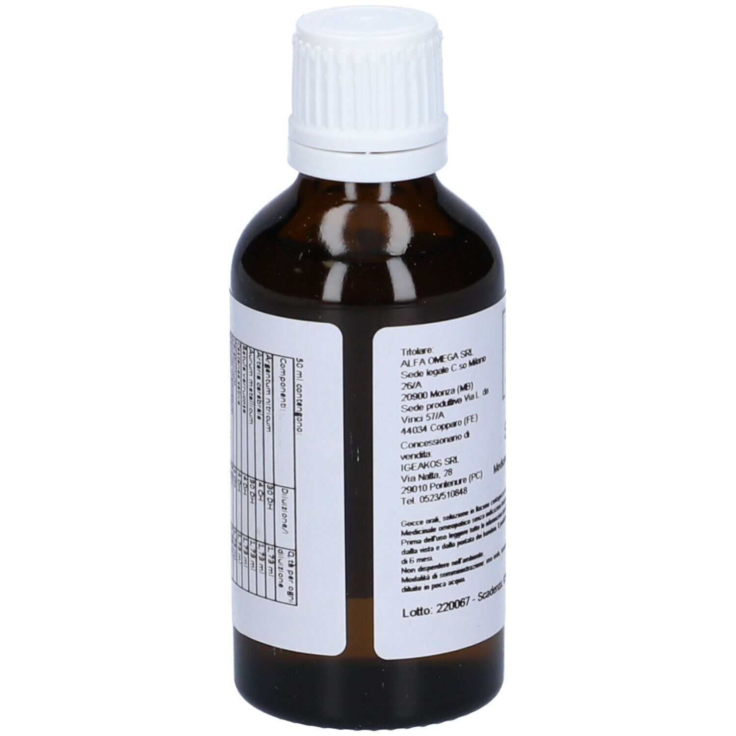 Flacone di vetro marrone con tappo bianco. Etichetta con testo. SIN 2, Medicinale omeopatico. Logo. Liquido visibile.