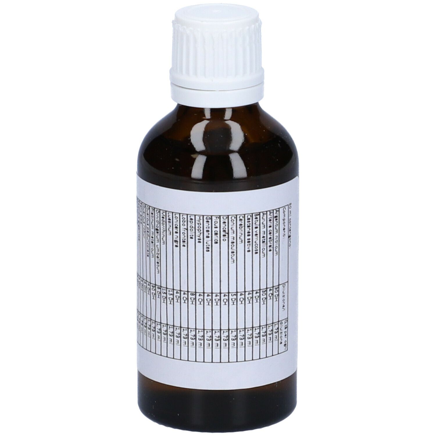 Flacone di vetro marrone con tappo bianco. Etichetta con testo. SIN 2, Medicinale omeopatico. Logo. Liquido visibile.