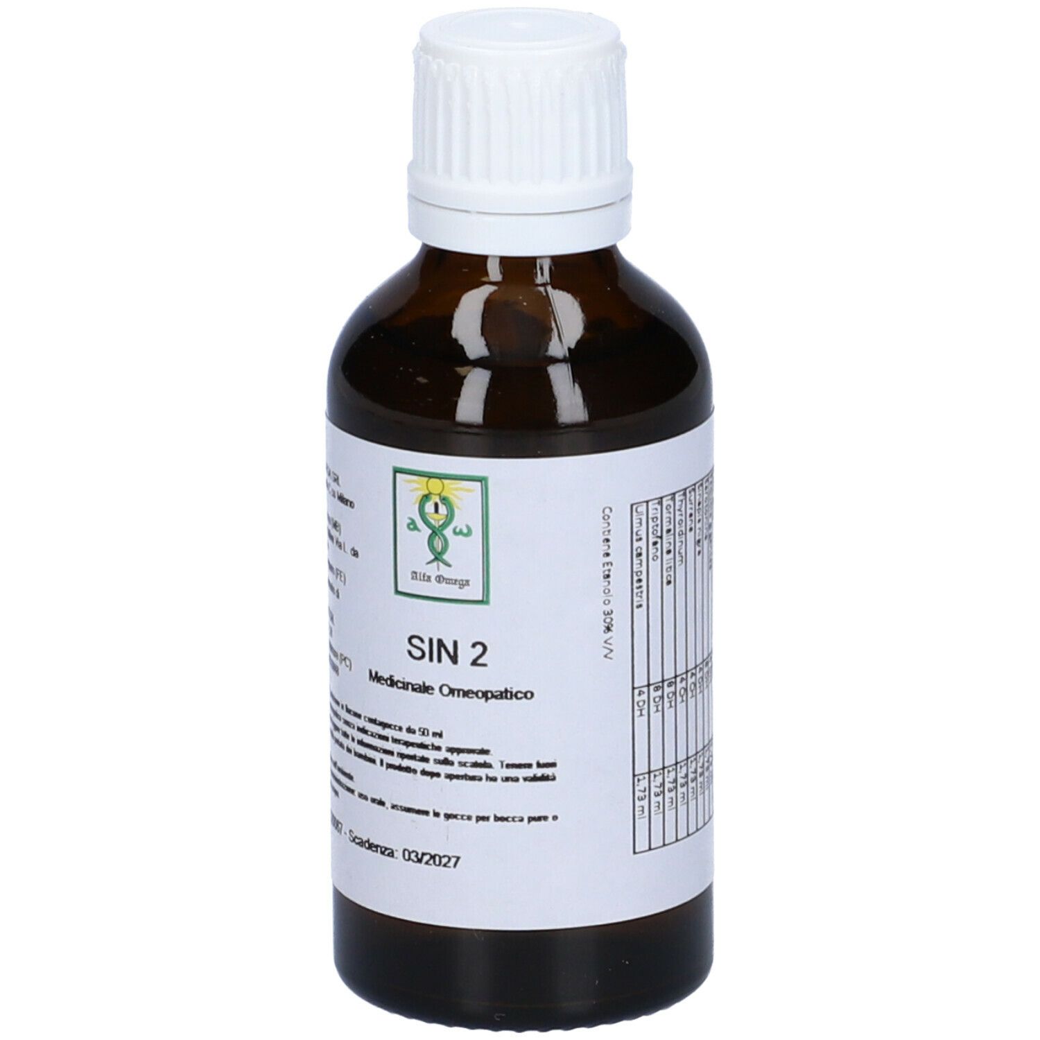 Flacone di vetro marrone con tappo bianco. Etichetta con testo. SIN 2, Medicinale omeopatico. Logo. Liquido visibile.