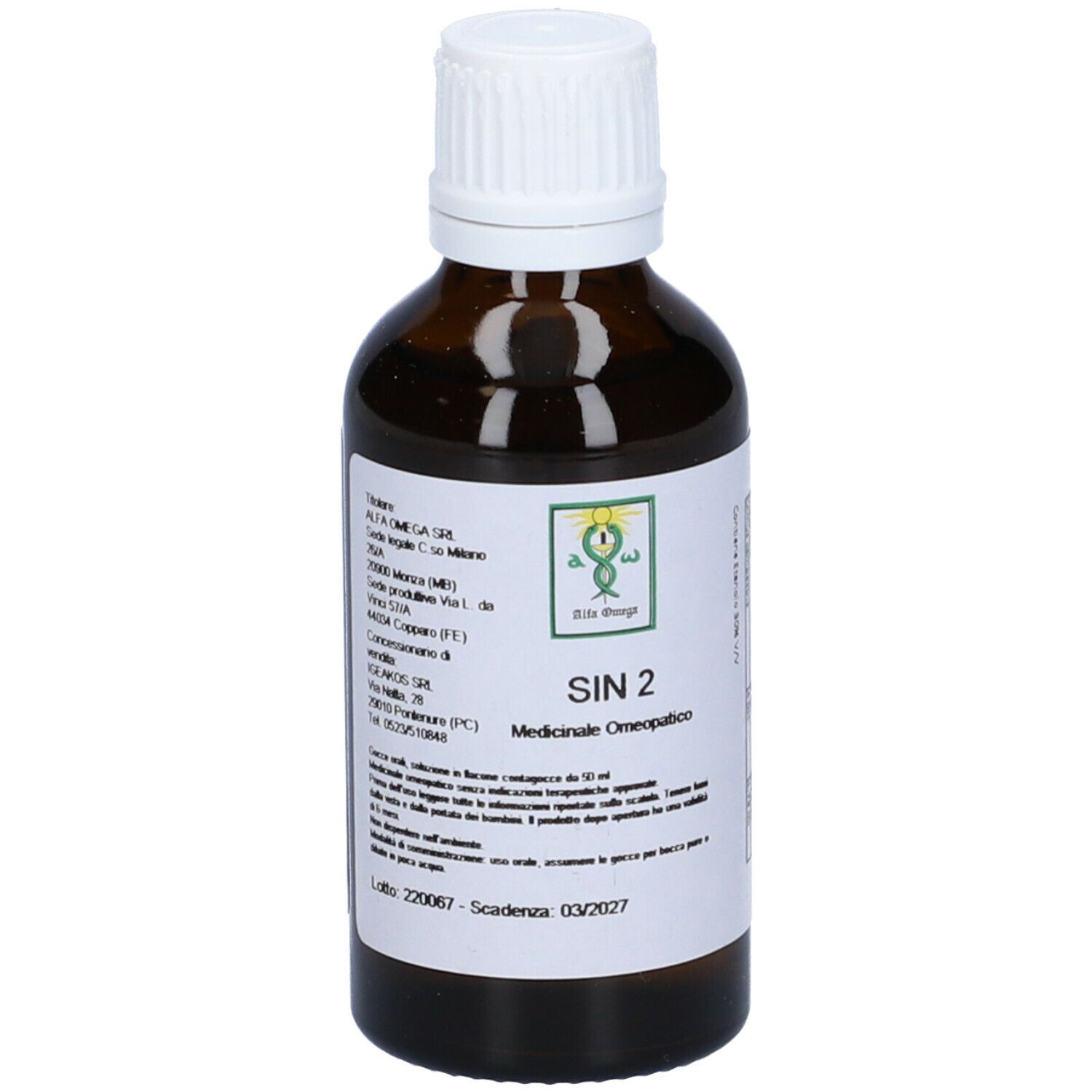 Flacone di vetro marrone con tappo bianco. Etichetta con testo. SIN 2, Medicinale omeopatico. Logo. Liquido visibile.