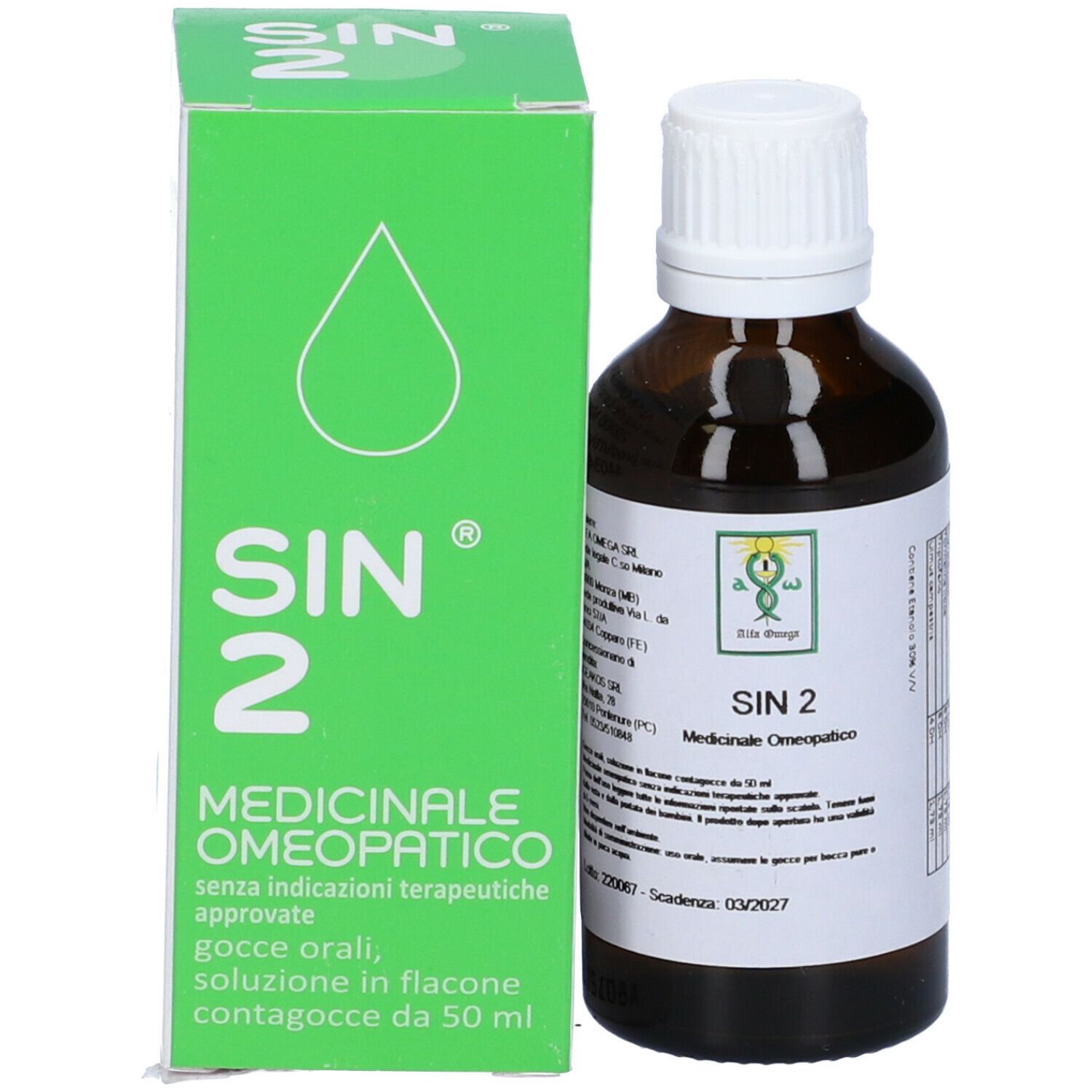 Scatola verde e flacone marrone. SIN 2, Medicinale omeopatico. Gocce, soluzione in flacone. Logo. Testo.