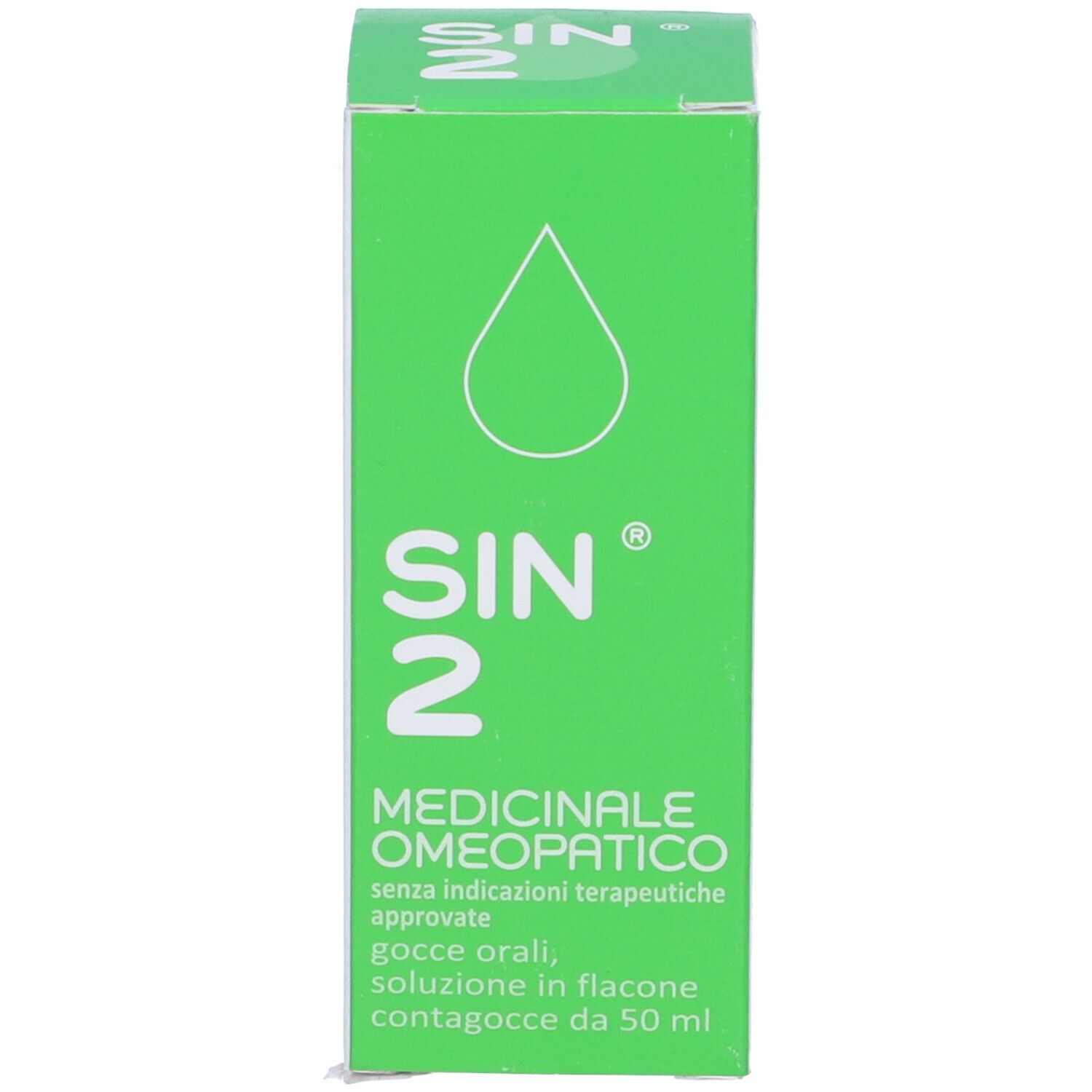 Scatola verde con testo. SIN 2, Medicinale omeopatico. Gocce, soluzione in flacone. Logo. Testo.
