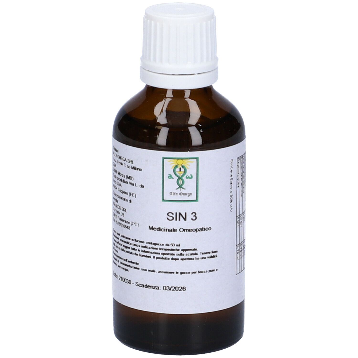 Flacone di vetro marrone con tappo bianco. Scritta SIN 3 e altre informazioni sull'etichetta. Gocce medicinali.