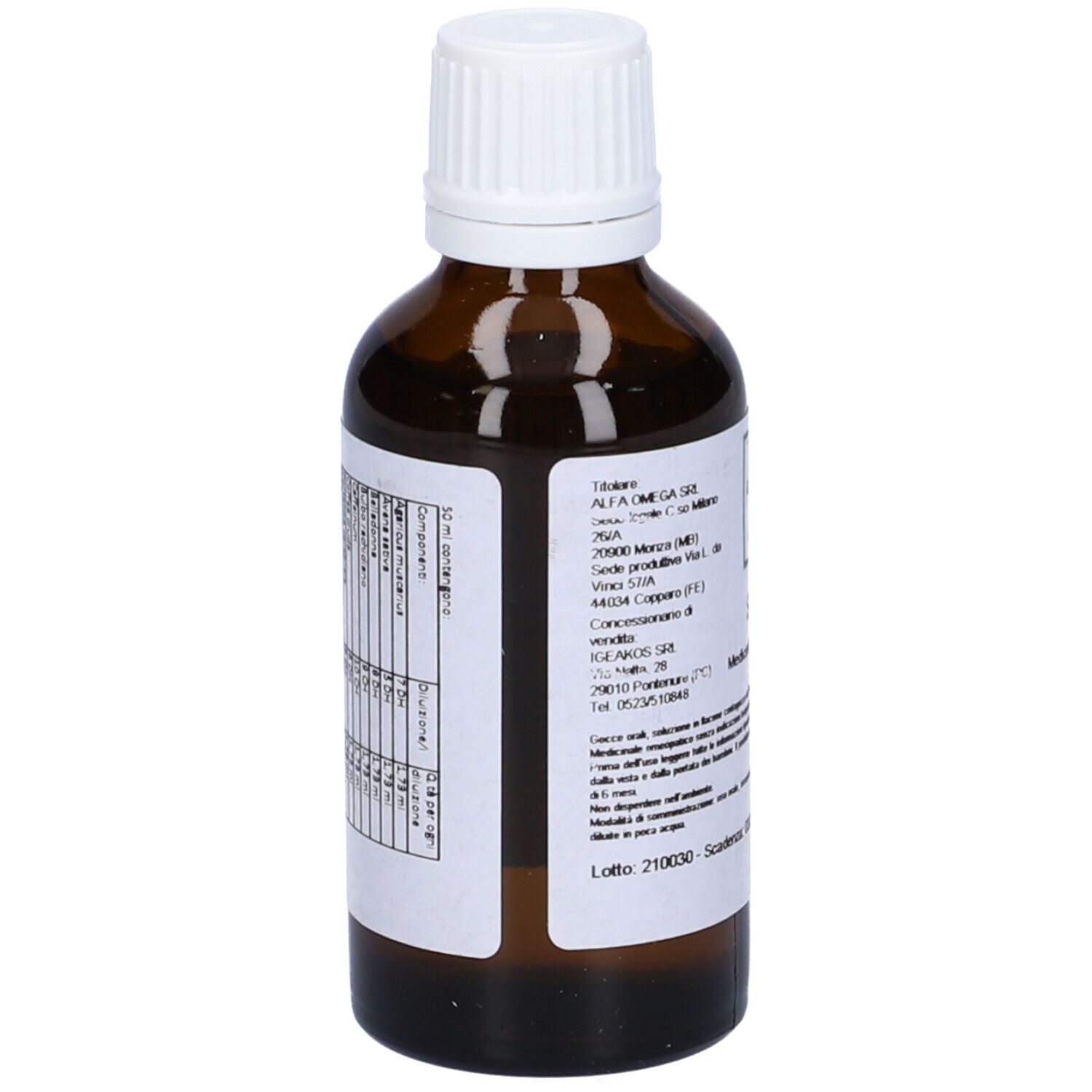 Flacone di vetro marrone con tappo bianco. Etichetta con informazioni. Gocce medicinali.