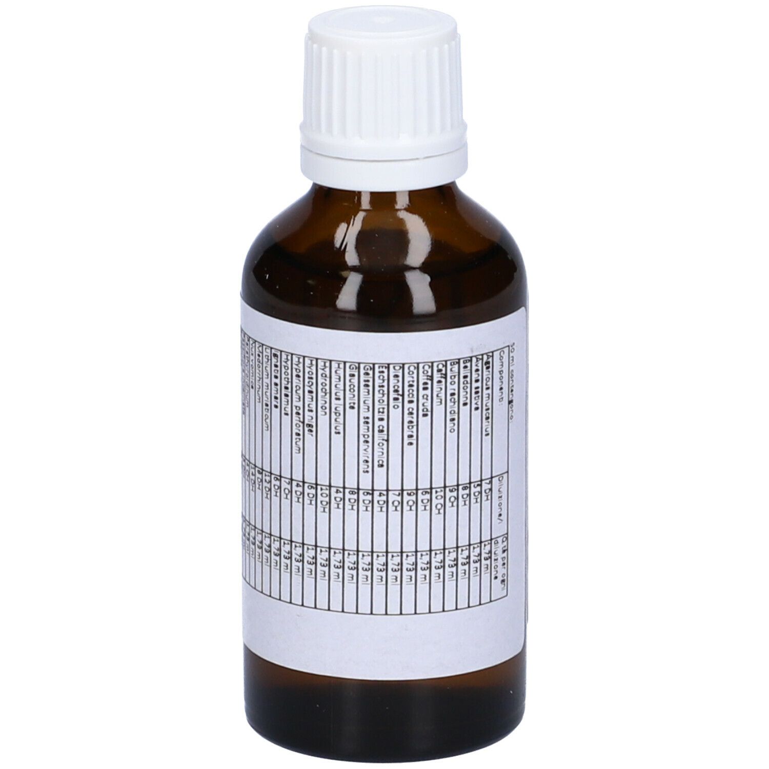 Flacone di vetro marrone con tappo bianco. Etichetta con informazioni. Gocce medicinali.