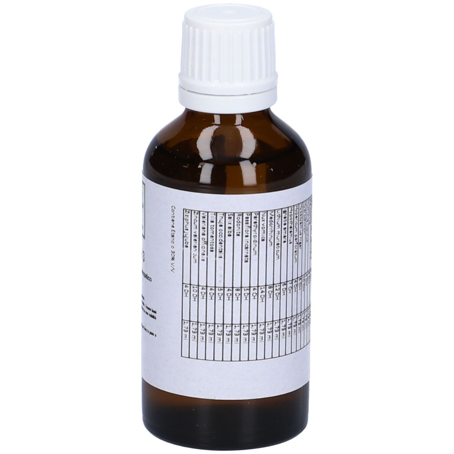 Flacone di vetro marrone con tappo bianco. Etichetta con informazioni. Gocce medicinali.