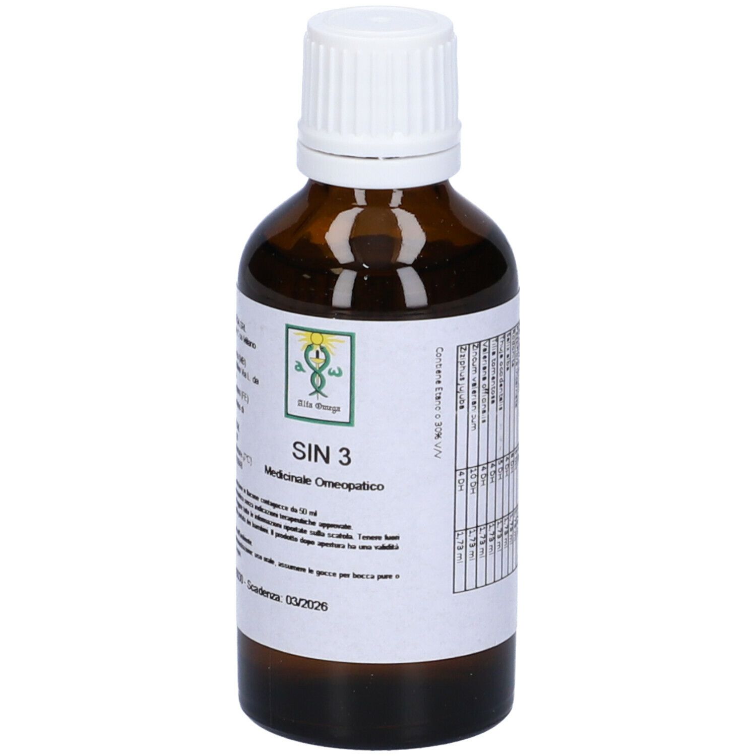 Flacone di vetro marrone con tappo bianco. Scritta SIN 3 e altre informazioni sull'etichetta. Gocce medicinali.
