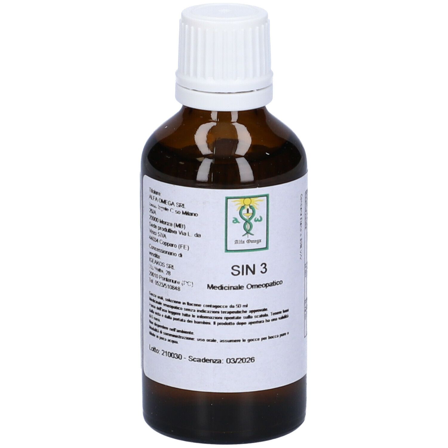Flacone di vetro marrone con tappo bianco. Scritta SIN 3 e altre informazioni sull'etichetta. Gocce medicinali.