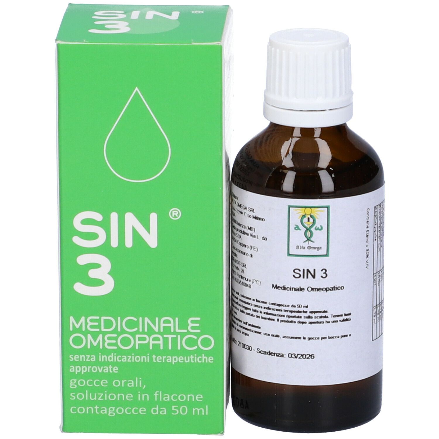 Scatola verde e flacone marrone. Scritta SIN 3. Gocce medicinali. Flacone contagocce.