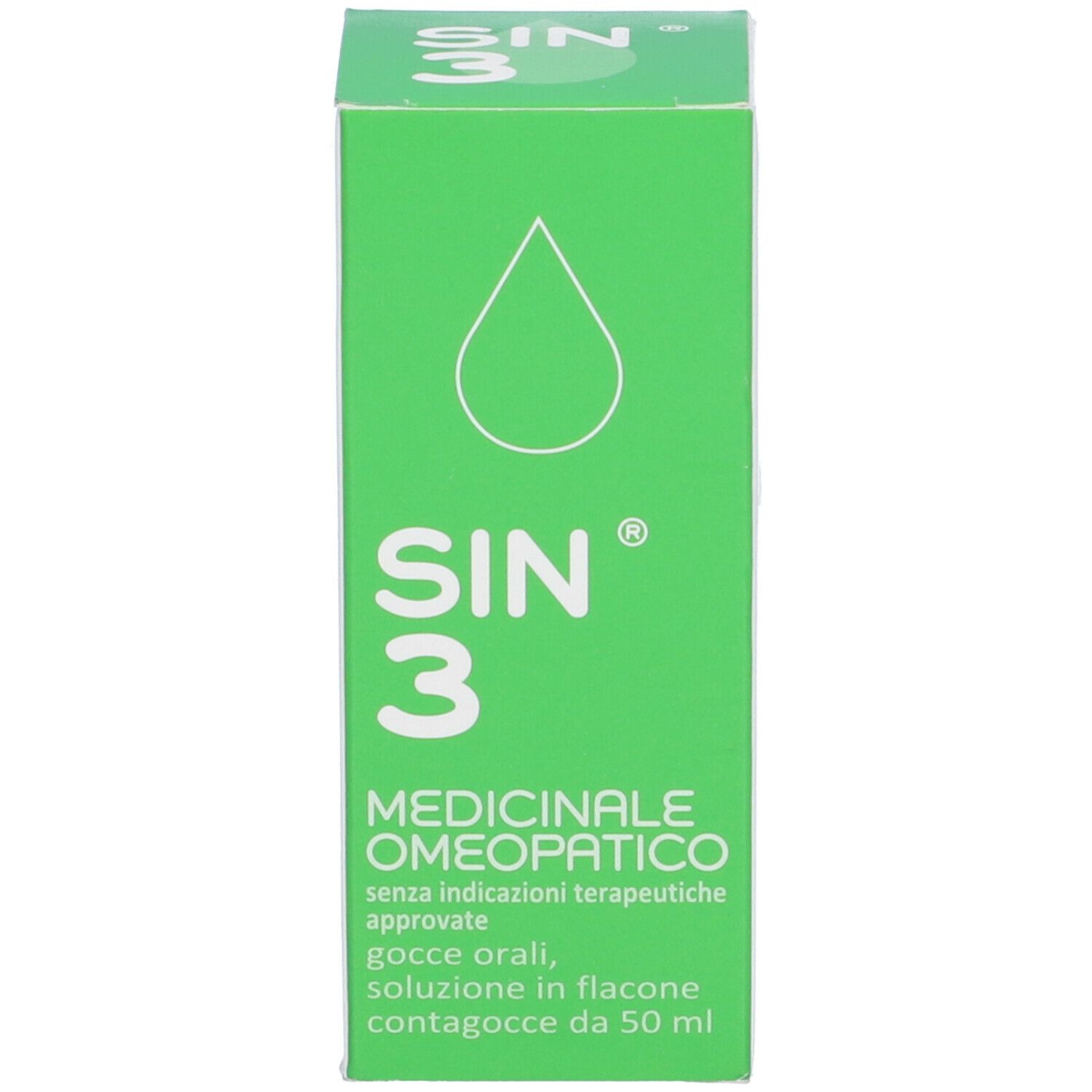 Scatola verde con scritta SIN 3. Gocce medicinali. Flacone contagocce.