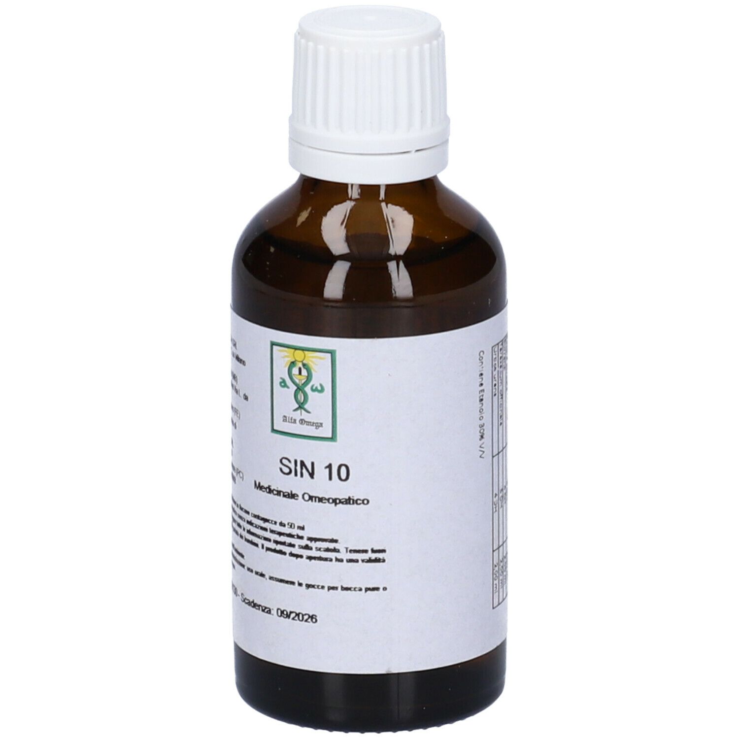 Flacone di vetro marrone con tappo bianco. Etichetta con testo: SIN 10, Medicinale omeopatico. Logo.