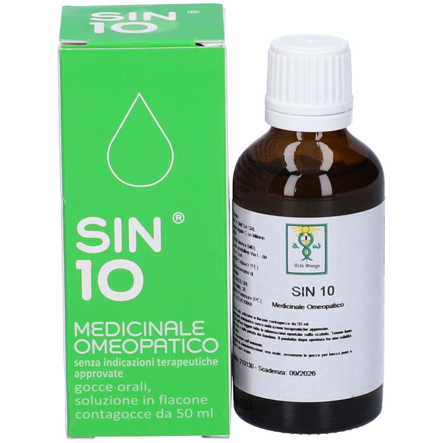 Scatola verde e flacone marrone con tappo bianco. Sulla scatola: SIN 10, Medicinale omeopatico.