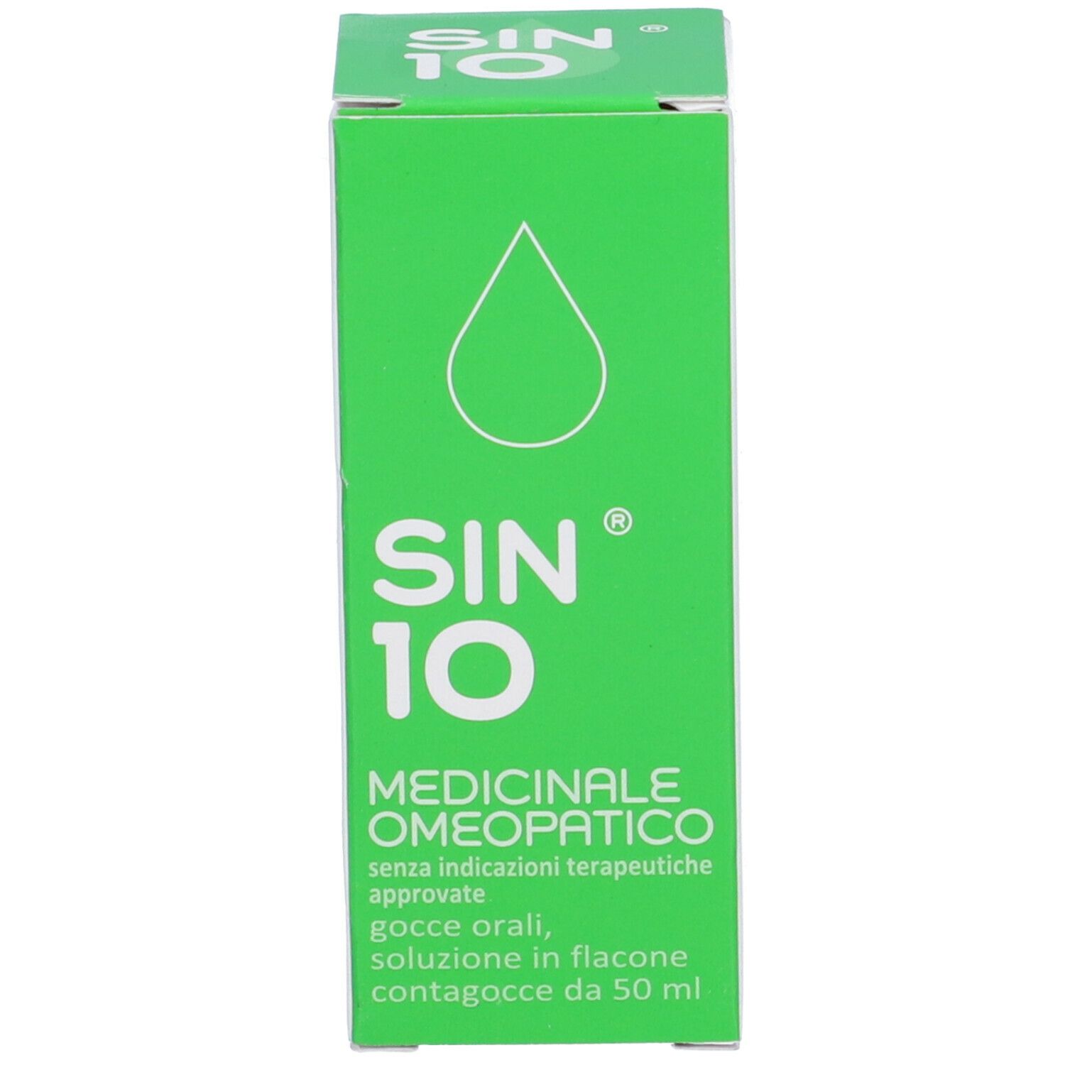 Scatola verde con testo: SIN 10, Medicinale omeopatico. Simbolo di goccia.
