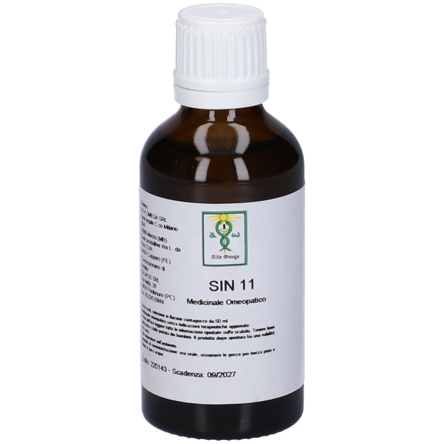 Flacone di vetro marrone con tappo bianco. Etichetta con testo: SIN 11, Medicinale Omeopatico.