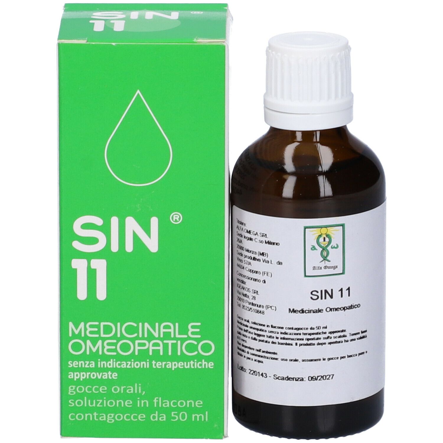 Scatola verde e flacone marrone con tappo bianco. Sulla scatola: SIN 11, Medicinale Omeopatico.
