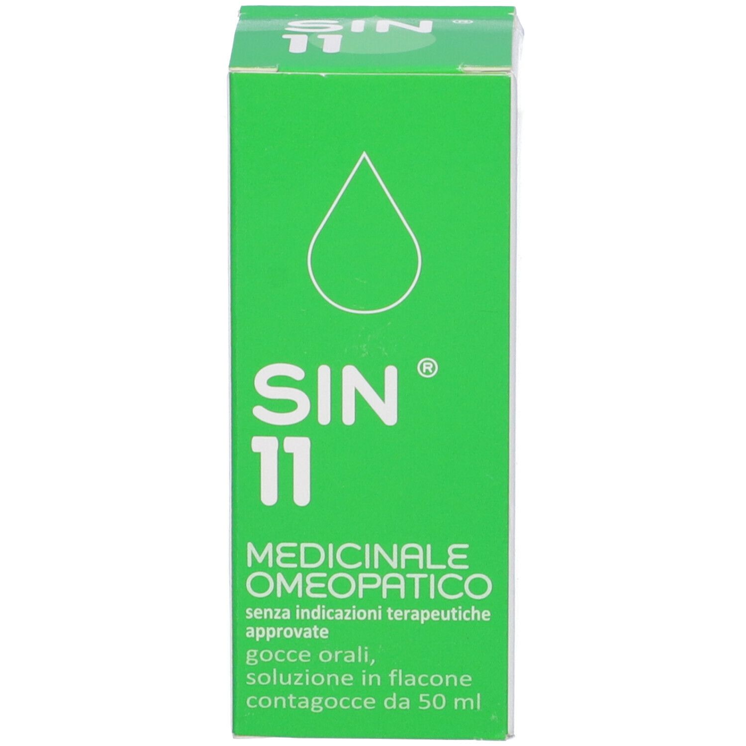 Scatola verde con testo: SIN 11, Medicinale Omeopatico, gocce orali, soluzione in flacone contagocce da 50 ml.