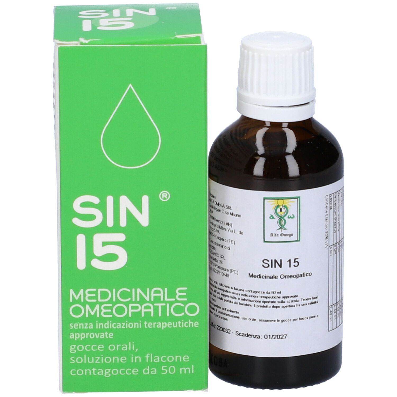 Scatola verde e flacone marrone. SIN 15, preparazione medicinale. Gocce, soluzione. Flacone da 50 ml.