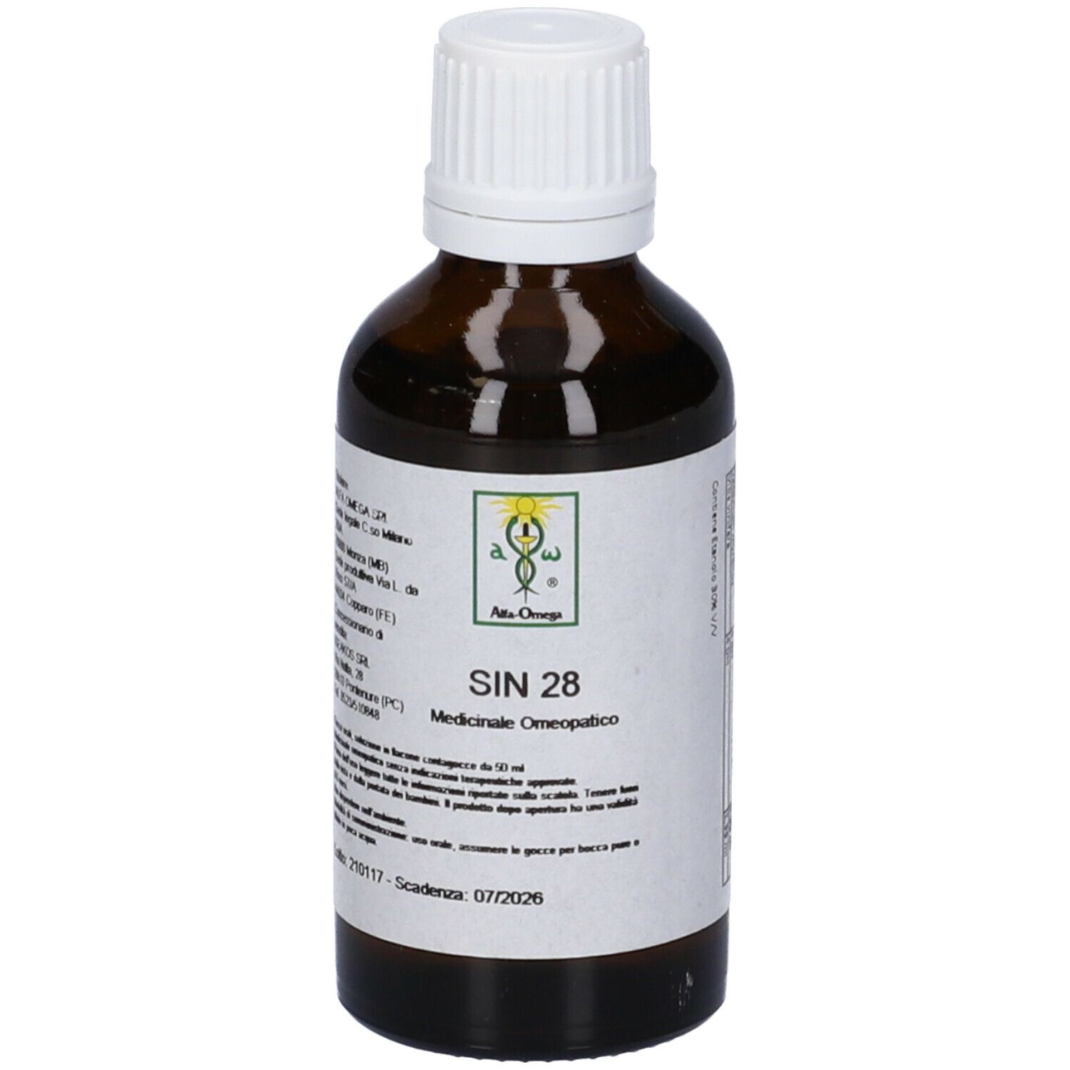 Flacone di vetro marrone con tappo bianco. Etichetta con testo: SIN 28, Medicinale Omeopatico. Logo. Scadenza 07/2026.