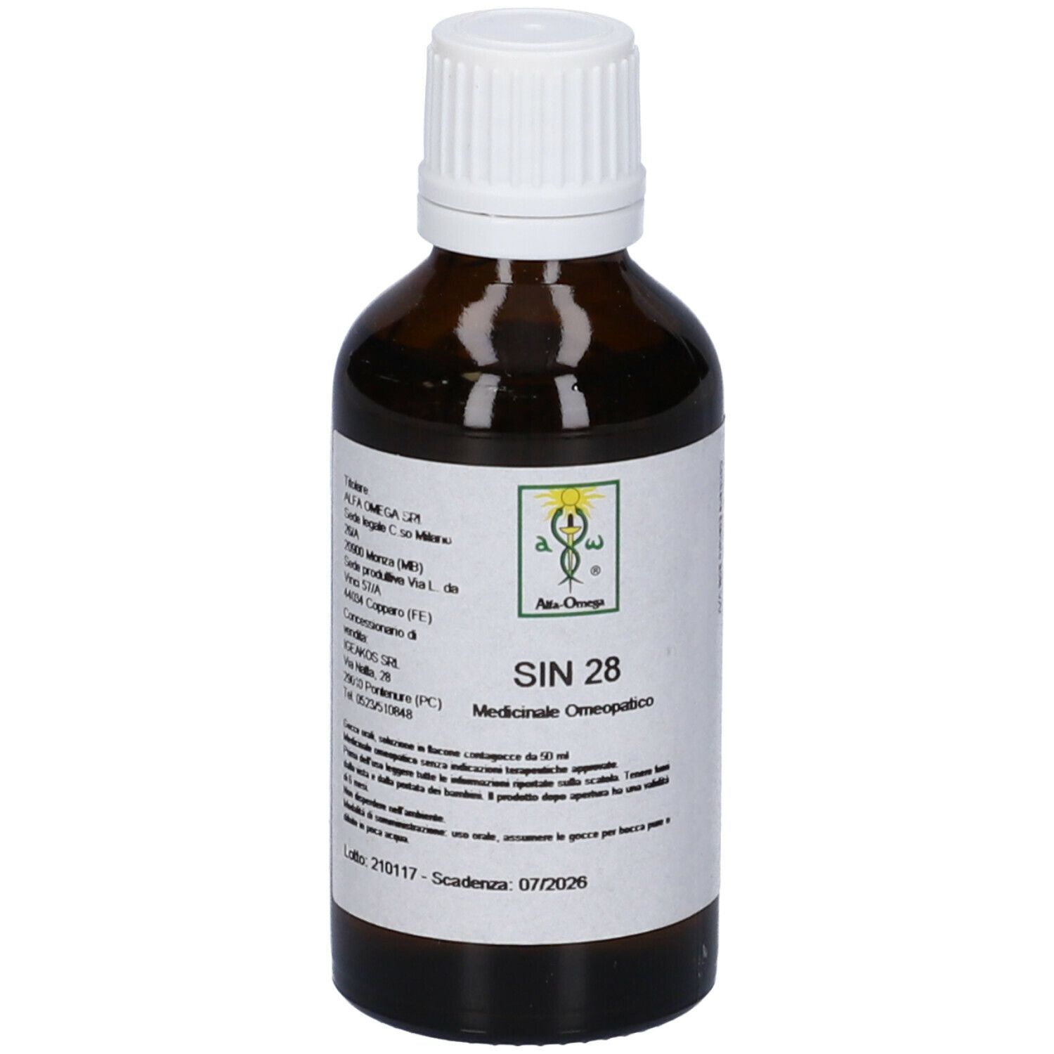 Flacone di vetro marrone con tappo bianco. Etichetta con testo: SIN 28, Medicinale Omeopatico. Logo. Scadenza 07/2026.