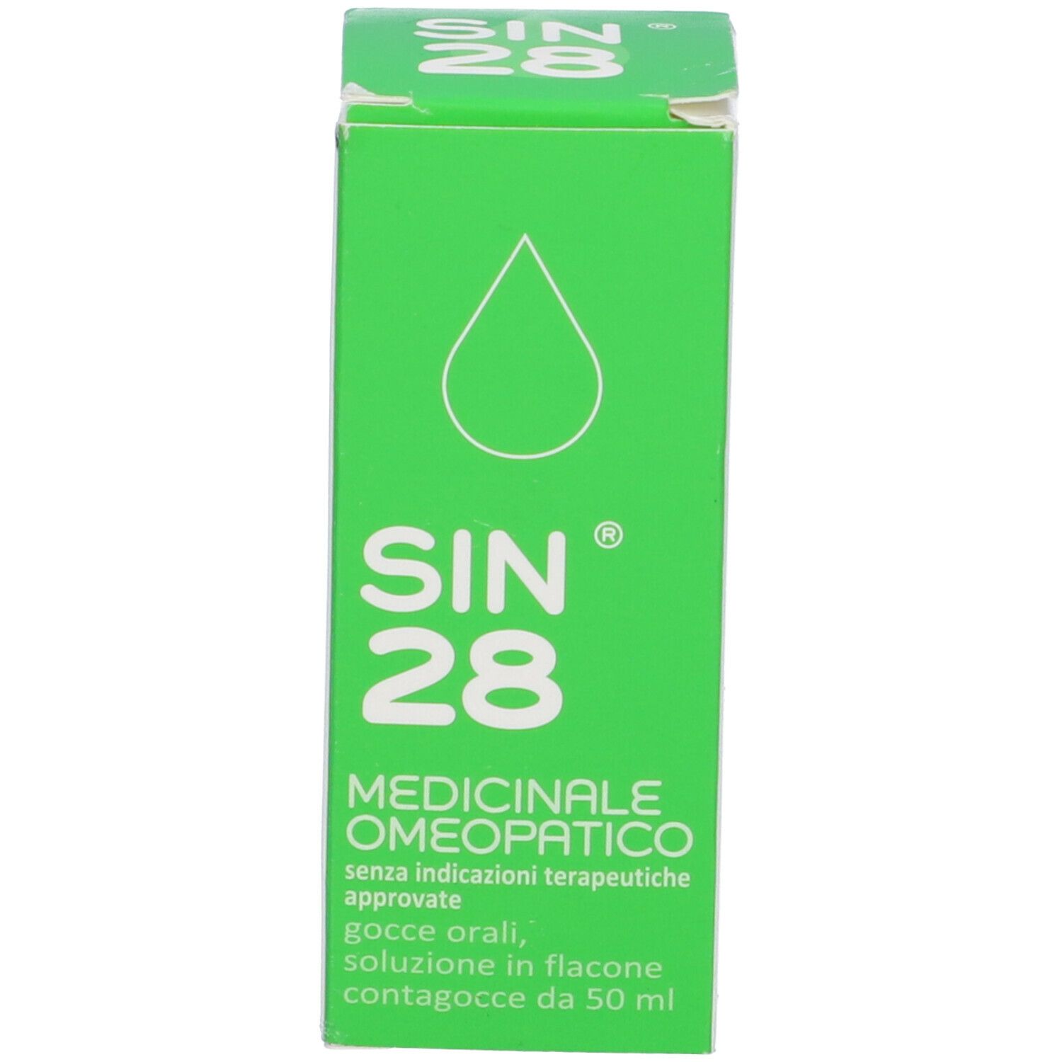 Scatola verde con testo: SIN 28, Medicinale Omeopatico. Simbolo goccia. Soluzione in flacone contagocce.