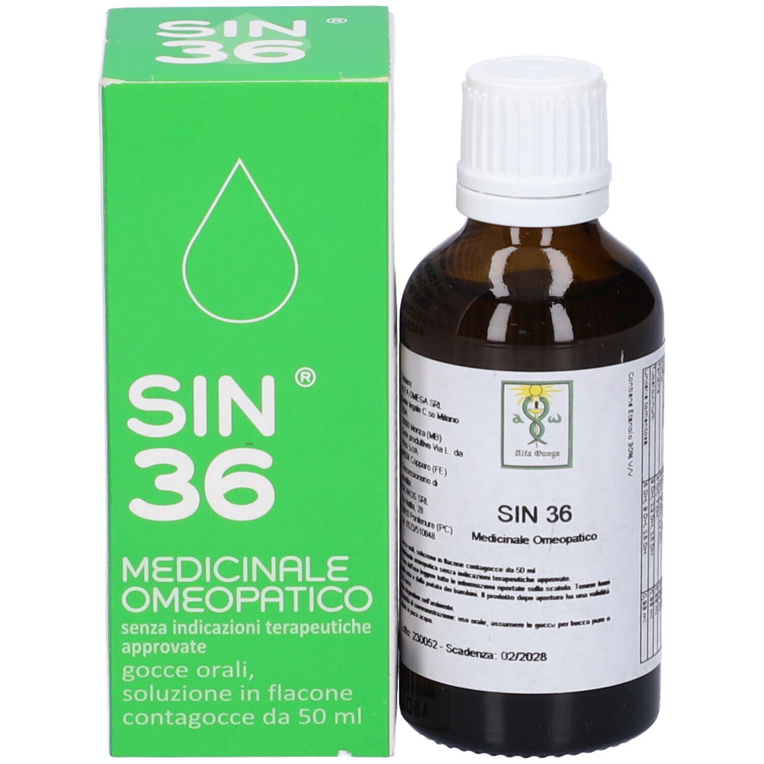 Scatola verde e flacone di vetro marrone con tappo bianco. Scritta SIN 36.