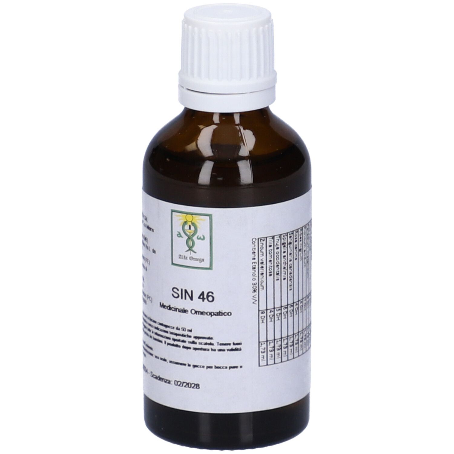 Flacone di vetro marrone con tappo bianco. Etichetta con testo: SIN 46, Medicinale Omeopatico. Logo.