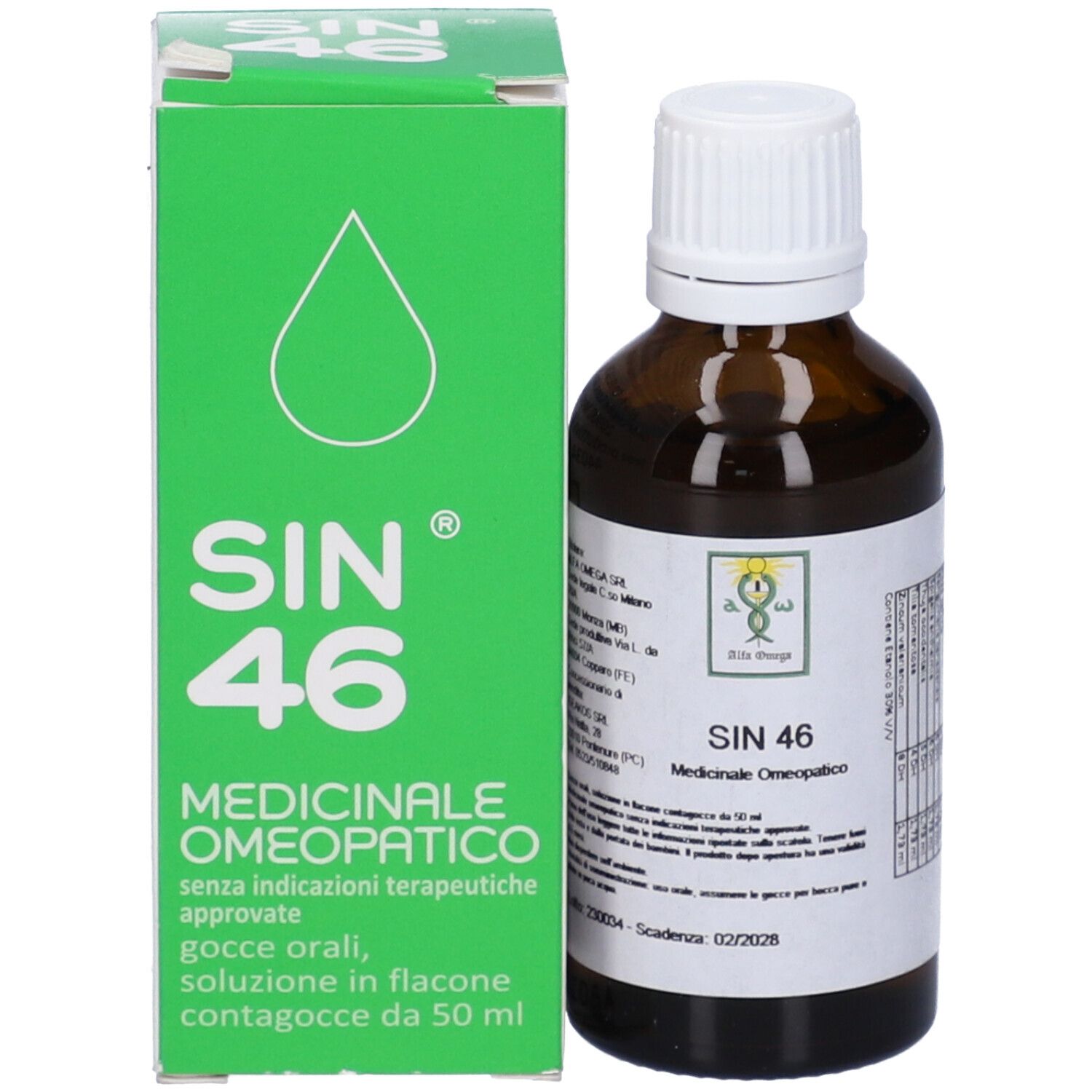 Scatola verde e flacone di vetro marrone con tappo bianco. Testo: SIN 46, Medicinale Omeopatico. Logo.