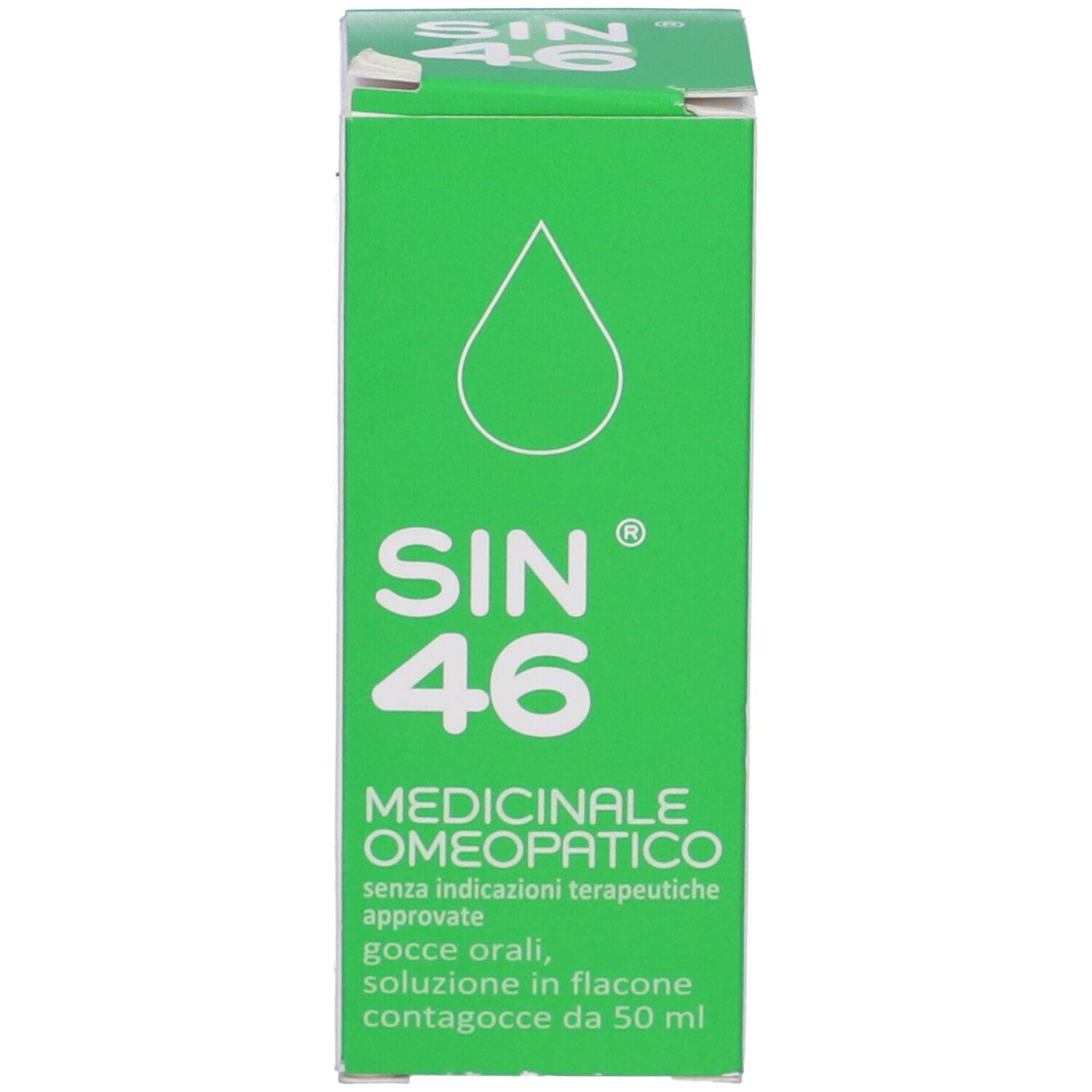 Scatola verde con testo: SIN 46, Medicinale Omeopatico. Simbolo di goccia.