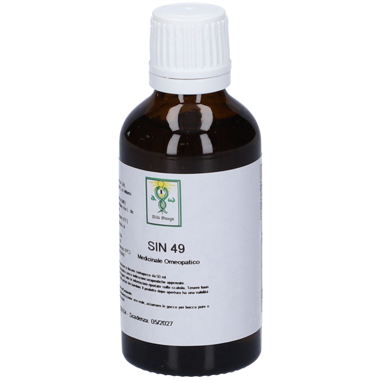 Flacone di vetro marrone con tappo bianco. Etichetta con testo: SIN 49, Medicinale Omeopatico. Logo verde.