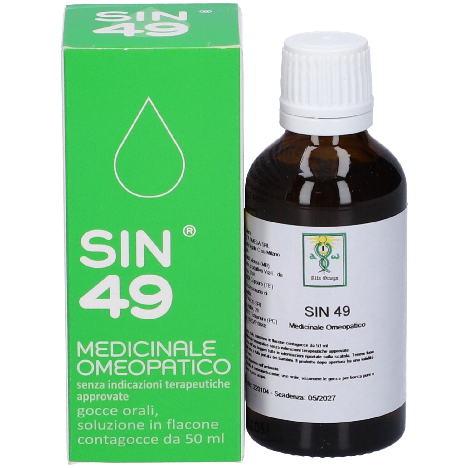 Scatola verde e flacone marrone con tappo bianco. Sulla scatola: SIN 49, Medicinale Omeopatico.