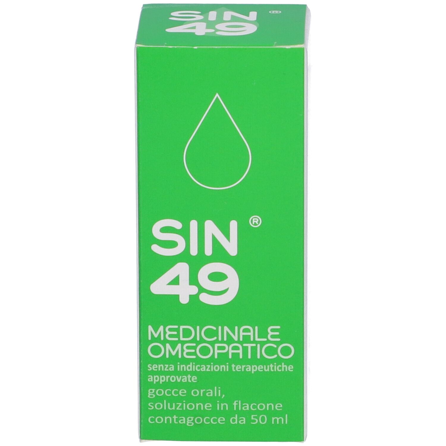 Scatola verde con testo: SIN 49, Medicinale Omeopatico. Simbolo di goccia.
