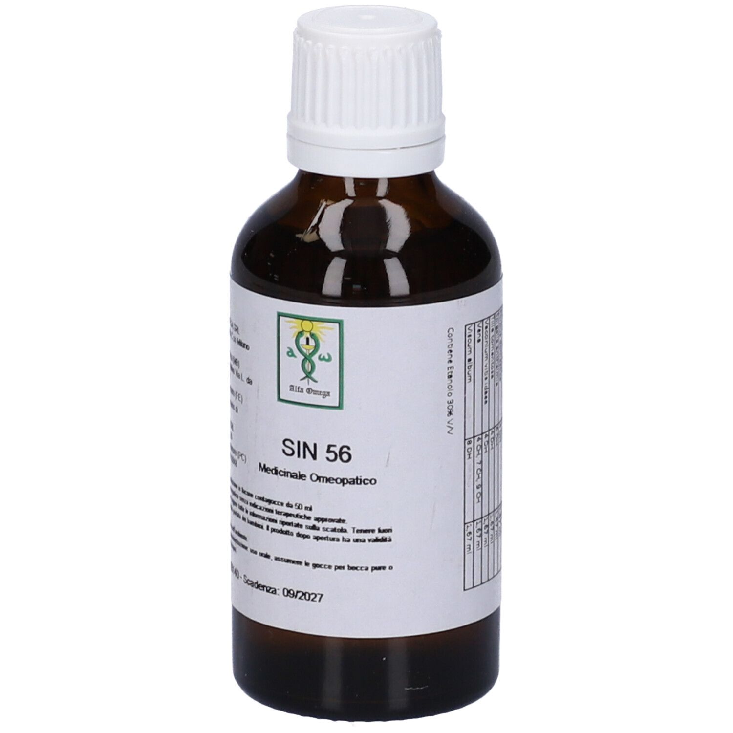 Flacone di vetro marrone con tappo bianco. Etichetta con testo: SIN 56, Medicinale Omeopatico. Logo verde.