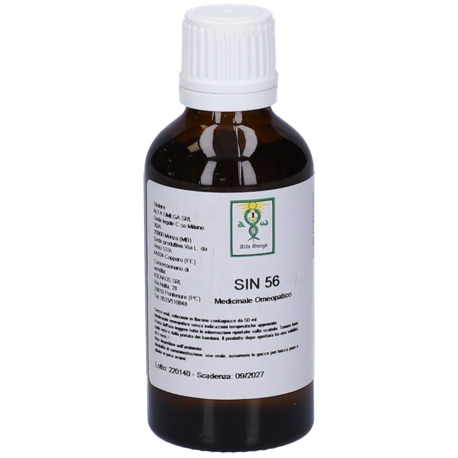 Flacone di vetro marrone con tappo bianco. Etichetta con testo: SIN 56, Medicinale Omeopatico. Logo verde.