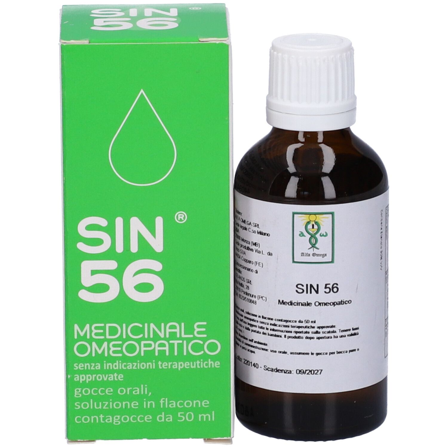 Flacone marrone e confezione verde. Testo: SIN 56, Medicinale Omeopatico.