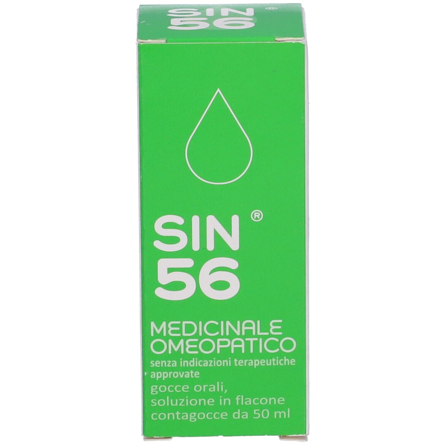 Confezione verde con testo: SIN 56, Medicinale Omeopatico. Simbolo goccia.