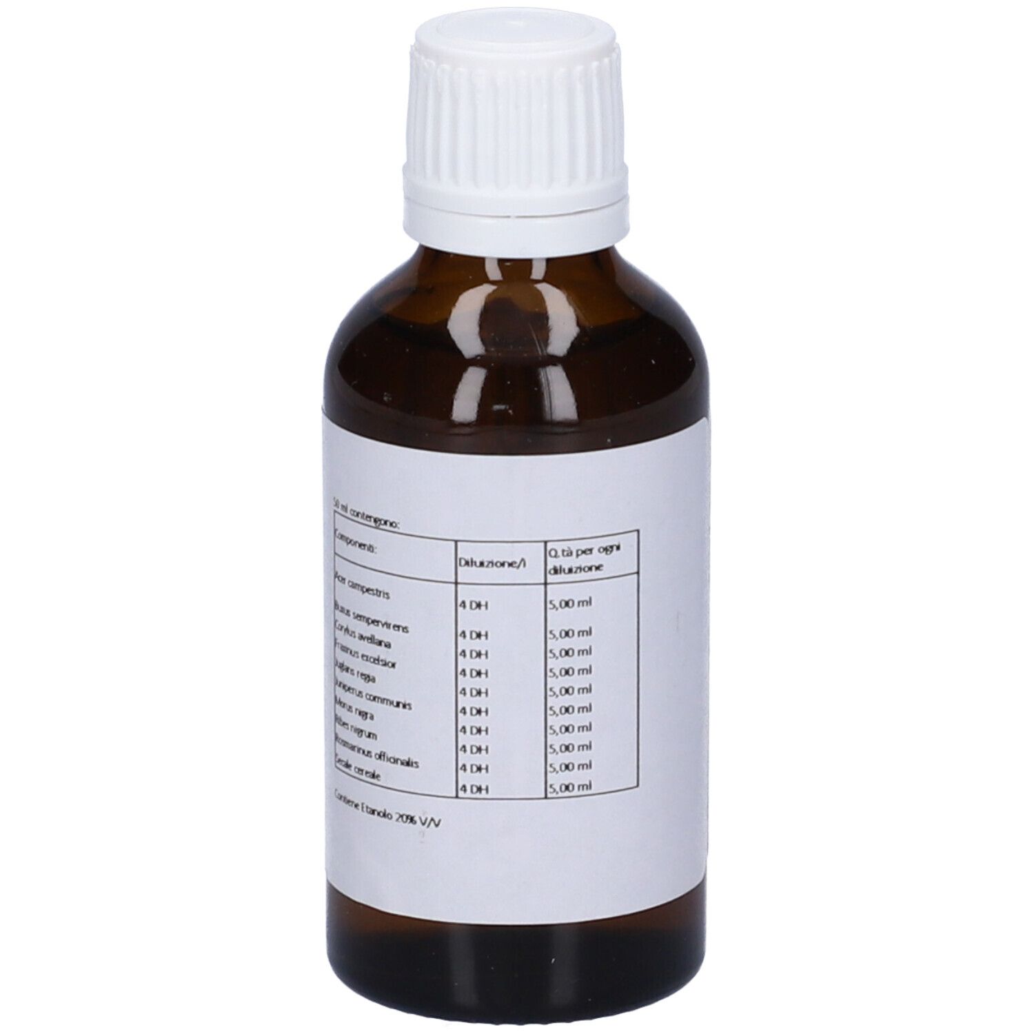 Flacone in vetro marrone con tappo bianco. Etichetta con elenco ingredienti. Prodotto medico.