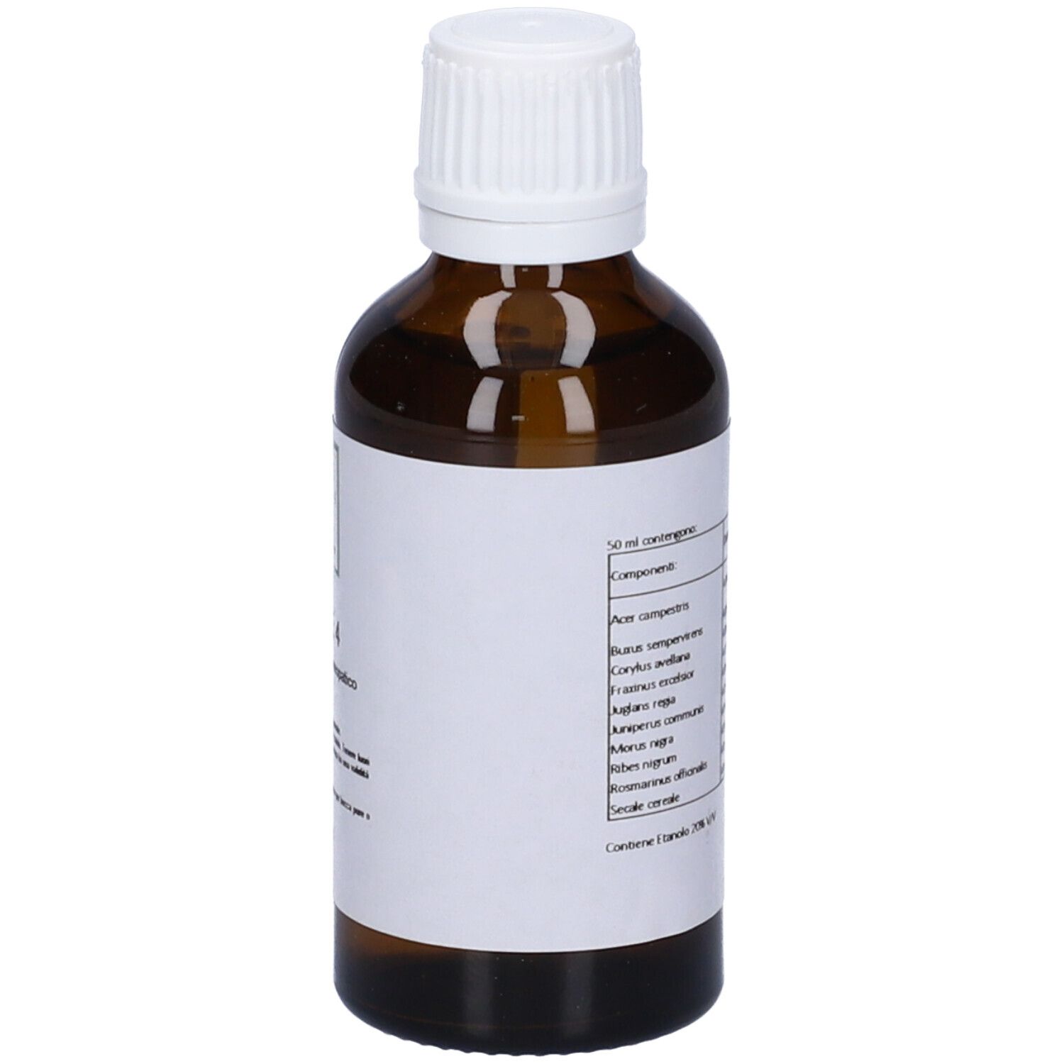 Flacone in vetro marrone con tappo bianco. Etichetta con ingredienti. Prodotto medico.