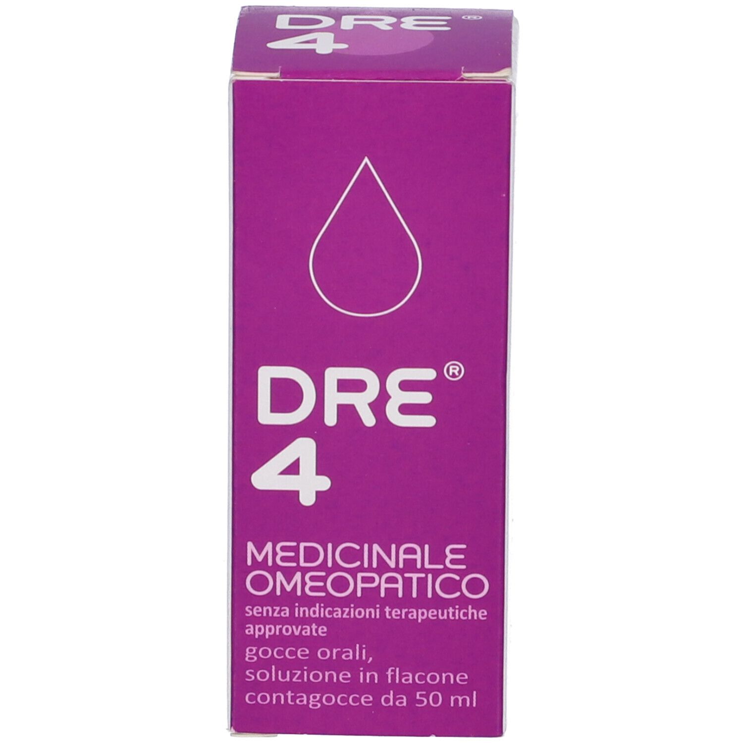 Scatola viola con nome e logo del prodotto. Prodotto medico. Flacone contagocce.