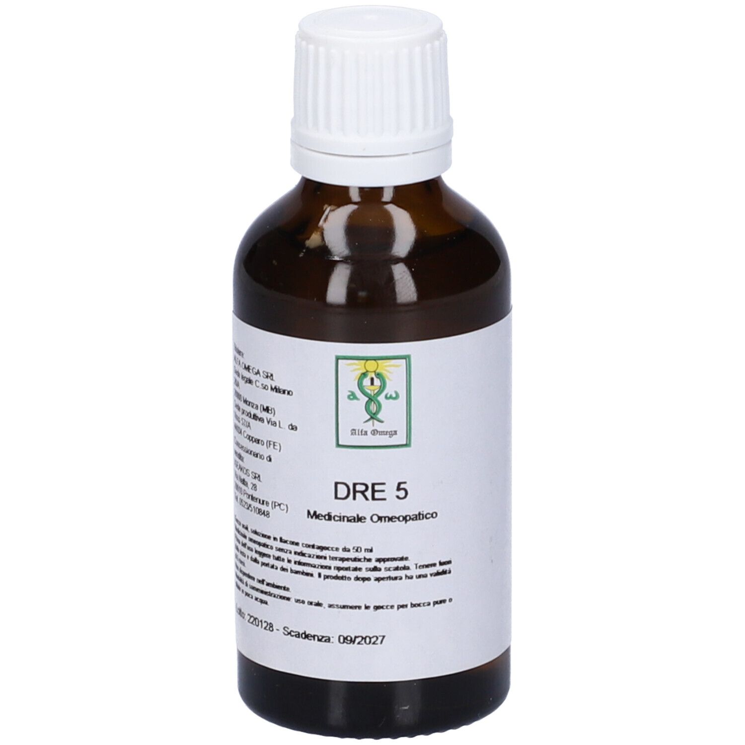 Flacone di vetro marrone con tappo bianco. Etichetta con testo e logo. Nome prodotto: DRE 5. Medicinale omeopatico.