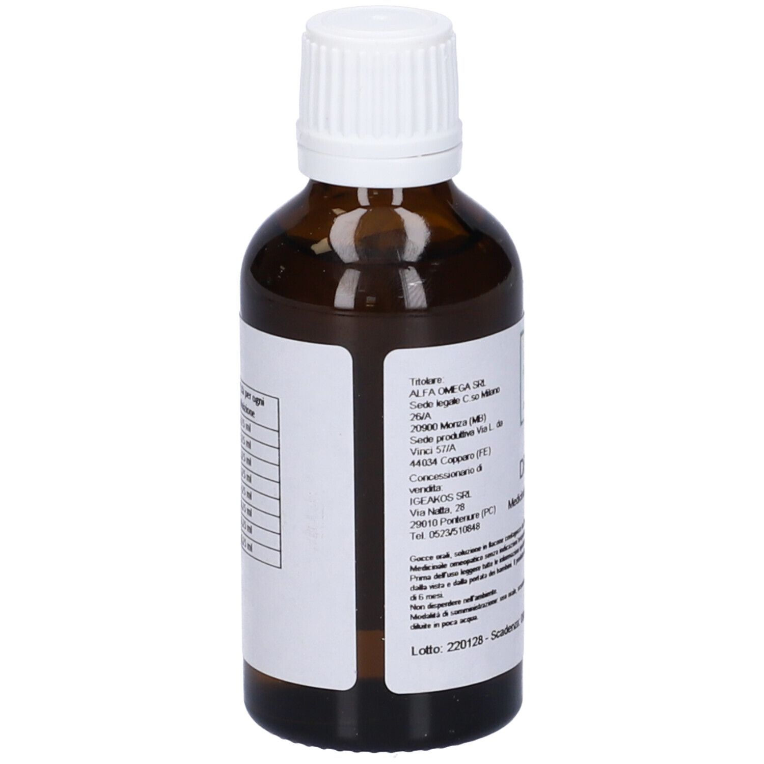 Flacone di vetro marrone con tappo bianco. Etichetta con testo. Nome prodotto: DRE 5. Informazioni e indirizzo del produttore.